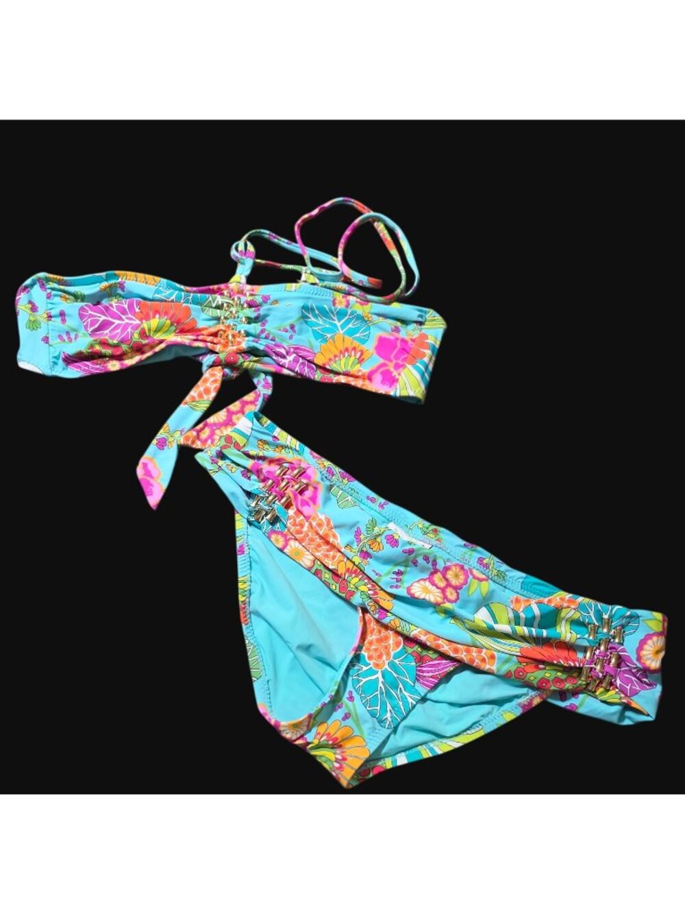 Trina Turk Tokyo Bay Floral Bikini Set Size 10 Bandeau Gold Bamboo Hardware